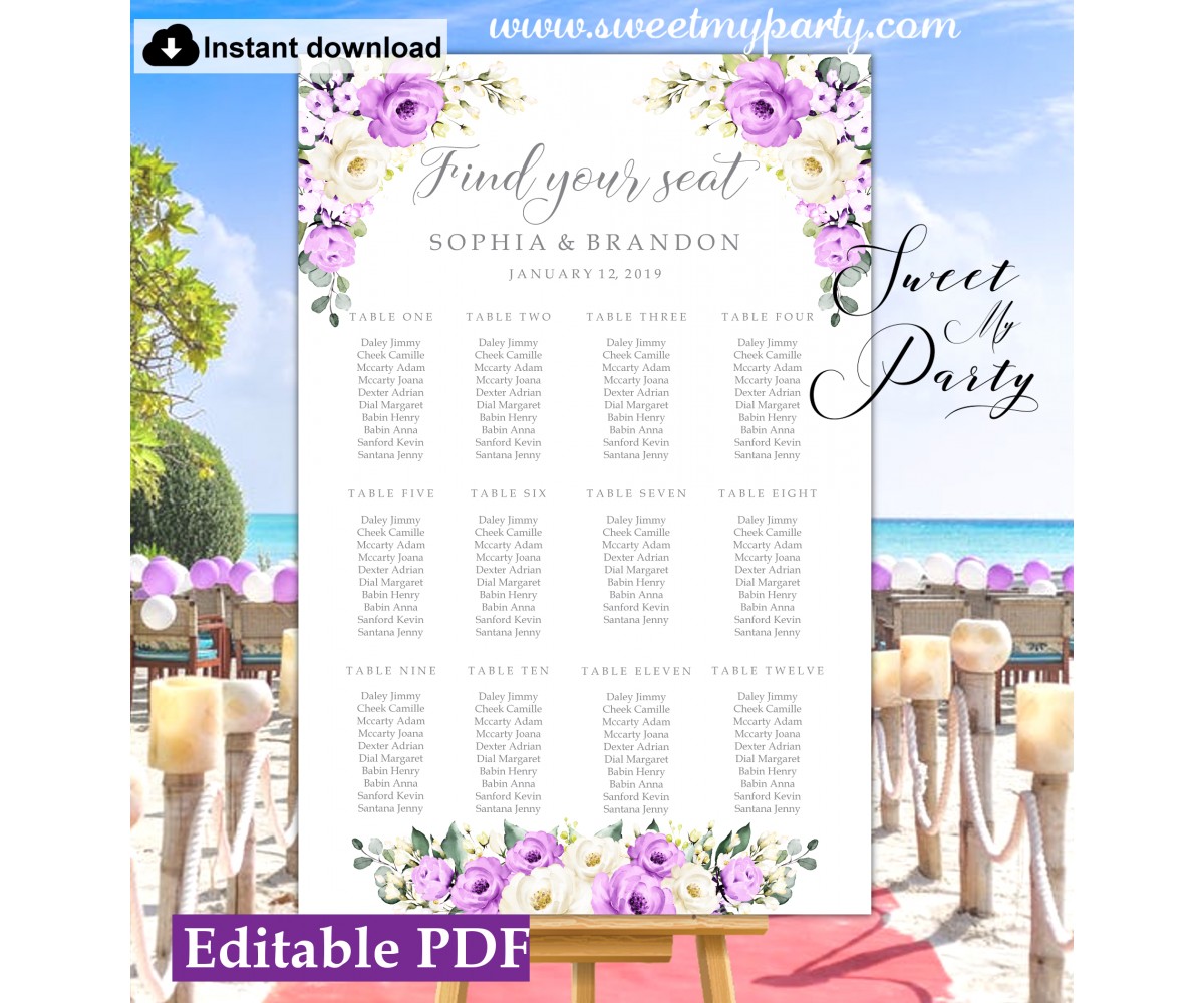 Purple roses seating chart,Ivory purple roses seating chart,(144)